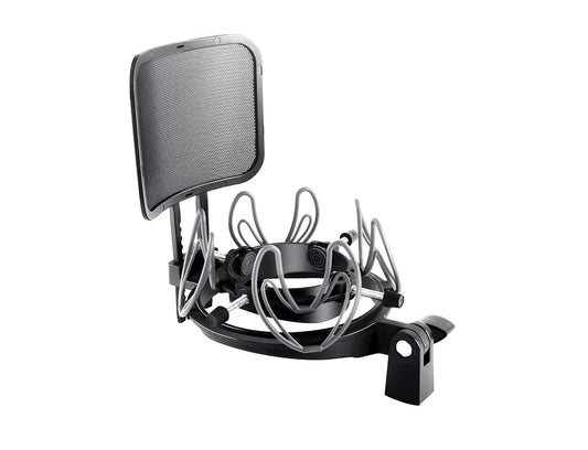 Universal Microphone Shock Mount with Pop Filter for Condenser Microphones Size at 21-62mm Anti-Vibration Mic Holder Clip(Black)