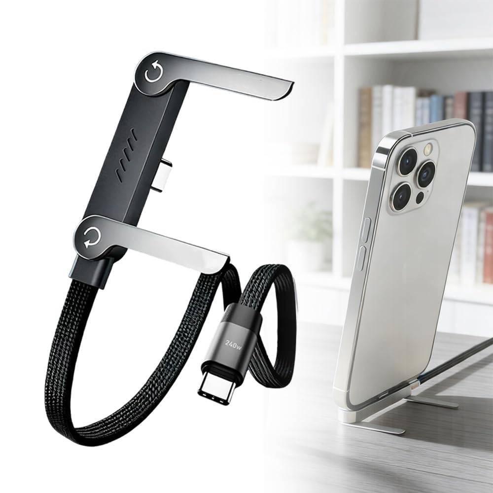 240w Braided Fast Charging Cable with Built-In Phone Stand,Invisible Stand Charging Cable,2026 New Foldable Durable USB-C Cord,90 Degree USB C Cable