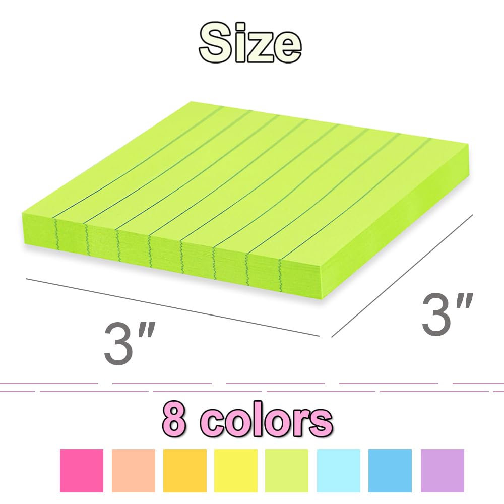 (16 Pack) Lined Sticky Notes 3x3 in Ruled Stickies,Bright Colors