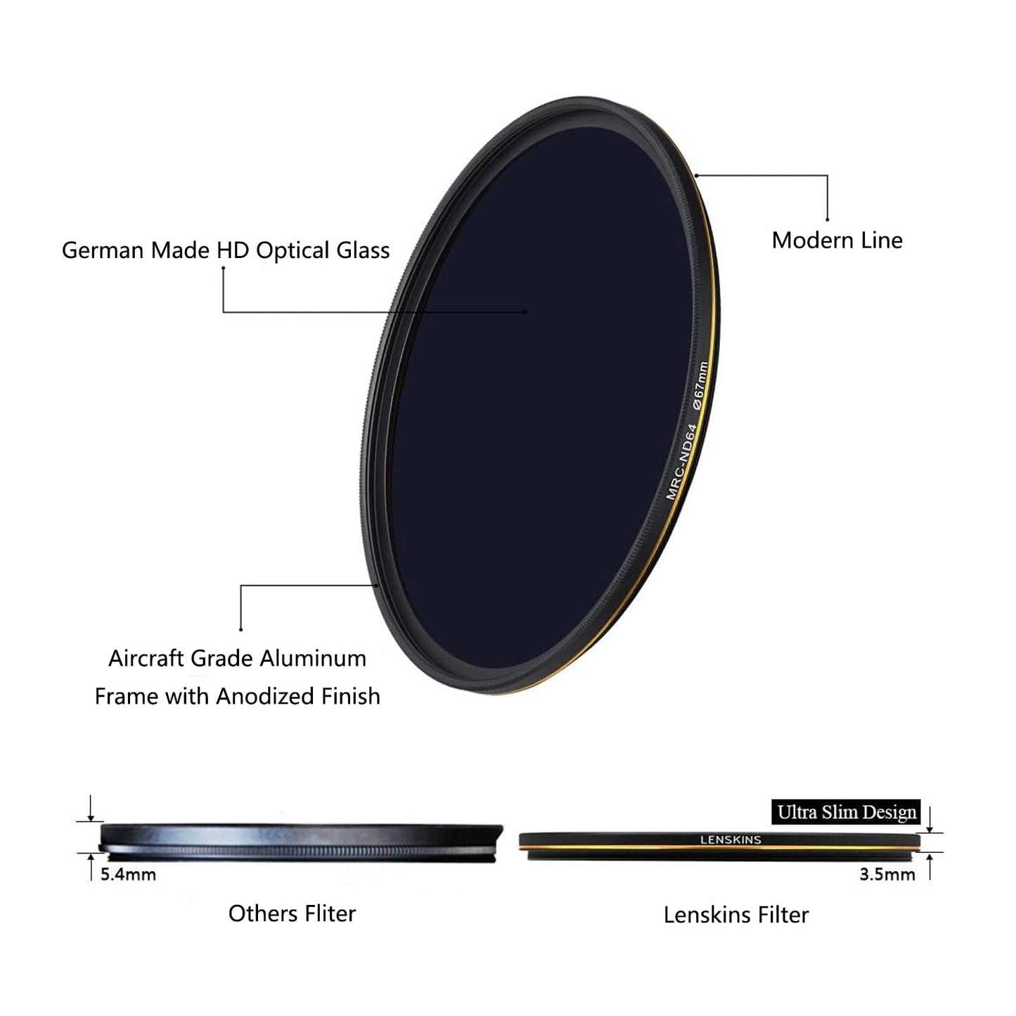 LENSKINS 67mm ND64 Filter, 6 Stop Neutral Density Filter for Camera Lenses, 16-Layer Multi-Resistant Coated, German Optics Glass, Weather-Seal ND