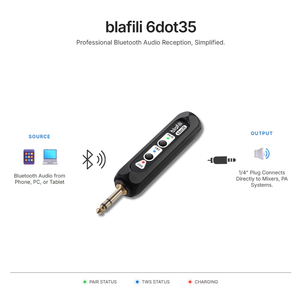 blafili 6dot35 Bluetooth Receiver with 1/4" (6.35mm) TRS Output, aptX HD/Low Latency, USB-C DAC, for Mixers, PA Systems, Amps & Powered Speakers, TWS