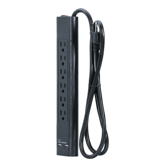 Uninex PS105SBK Slim 6-Outlet Surge Protector Power Strip with 2 USB Charging Ports (5V, 2.4A), 14/3 AWG, ETL Listed, Black, 4-Foot