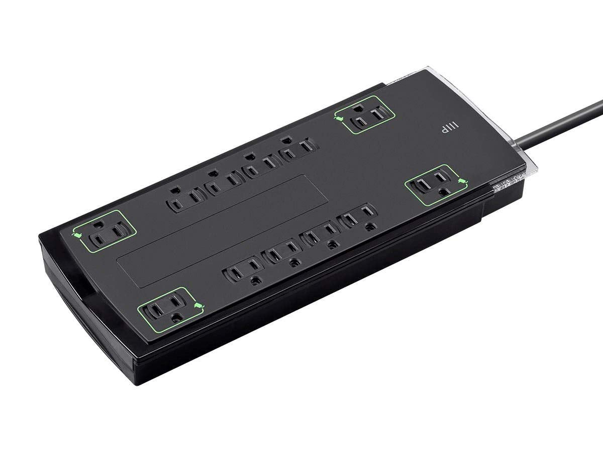 Monoprice 12 Outlet Slim Surge Protector - UL Rated, 4,230 Joules, Grounded And Protected Light Indicator, 10 Feet, Black