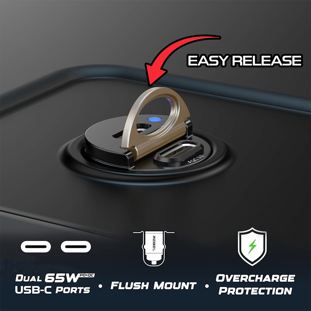 REBEL Dual 65W USB C Fast Car Charger 12V/24V [Smallest Metal Frame] PD65W, QC60W 4.0/3.0, Flush Fit, Cigarette Lighter Adapter for iPhone 17 Pro Max