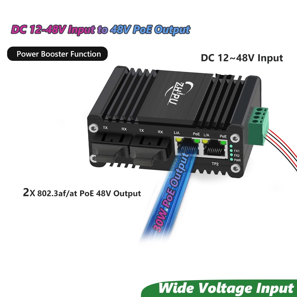 Yjntoximc Mini Industrial 2 Ports Gigabit PoE Switch with DC12?48V Redundant Power Input, 12V PoE Switch with 2X Single Mode Dual SC 20km