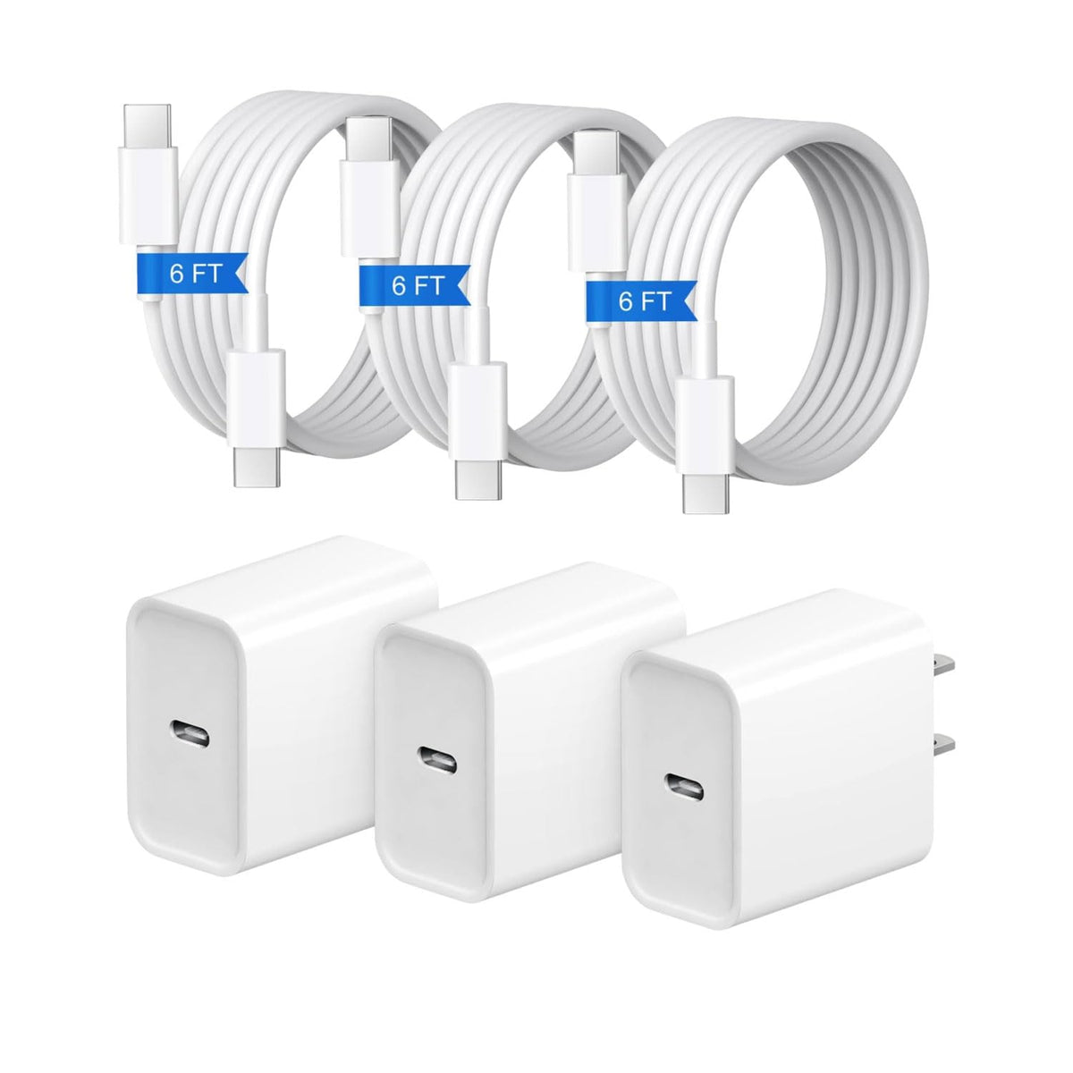 20W Fast Charger 3 Pack with 3 Pack 6FT Type C to C Cables,USB C Wall Charger Blocks Compatible with iPhone 17/17 Plus/17 Pro/17 Pro Max/16/16 Plus/16