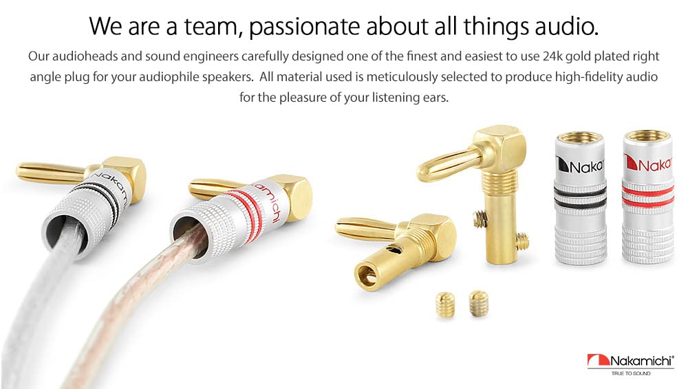 Nakamichi Excel Series 24k Gold Plated Right Angle Banana Plug 12-18 AWG Gauge Size 4mm for Speakers Amplifier Hi-Fi AV Stereo Home Theatre Audio Wire