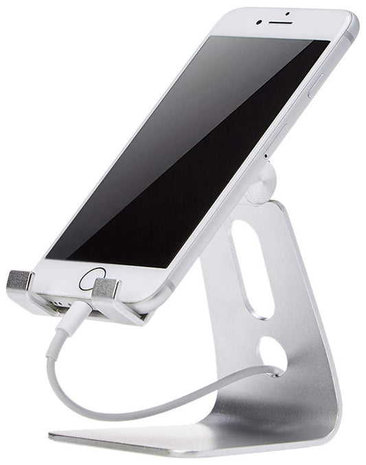 Amazon Basics Adjustable Aluminum Phone Stand for Cell Phones, iPhone and Android, Desktop Phone Holder with Adjustable Angle, Hands-Free Viewing