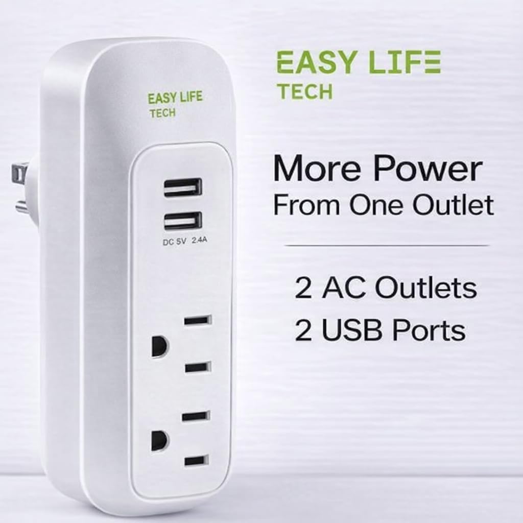 Easylife Tech Wall Outlet Extender with 2 AC Outlets and 2 USB Charging Ports Compact Plug in Power Hub 5V 3.4A USB Charger for Home Office and Travel
