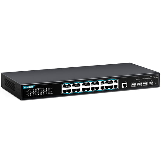 YuanLey 28 Port Gigabit Managed Switch with 24 10/100/1000Mbps RJ45 Ports, 4X 10Gbps SFP+, L3 Smart Managment Ethernet Switch, VLAN, QoS, ACL, SSL