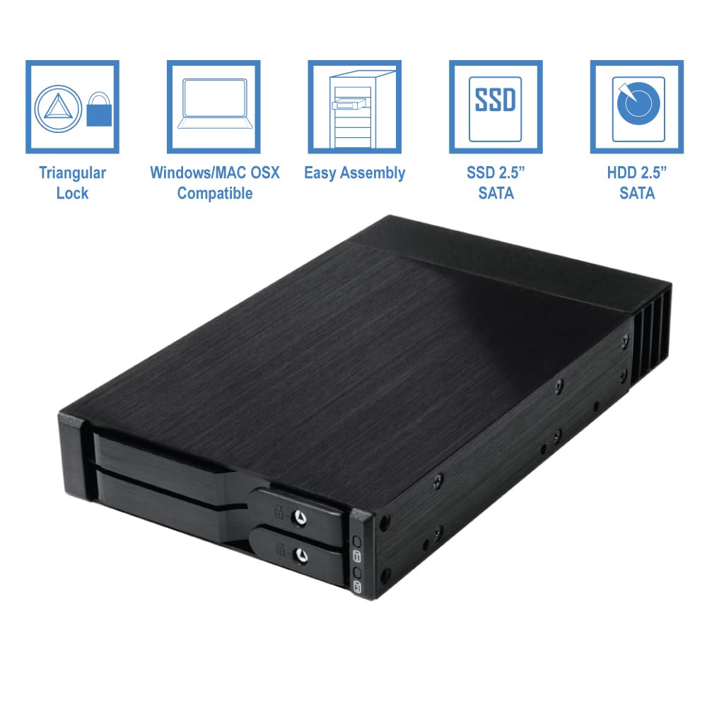 Kingwin Trayless Aluminum Mobile Rack with Keylock for 2 x 2.5 SATA/SAS HDD/SSD - 6Gbps/12Gbps Data Transfer, Tool-Free Installation, Secure Keylock