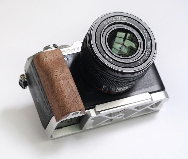 QR L Handle Hand Grip Wood Handle + Alloy Baseplate for Sony A7C Camera Holder (Wallnut + Sliver Alloy Baseplate)