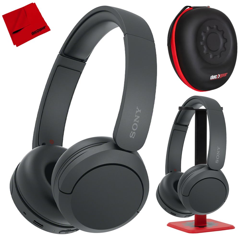 Sony WH-CH520/B Wireless Headphones with Microphone, Black Bundle with Deco Gear Hard Case + Pro Audio Headphone Stand + Microfiber Cleaning Cloth