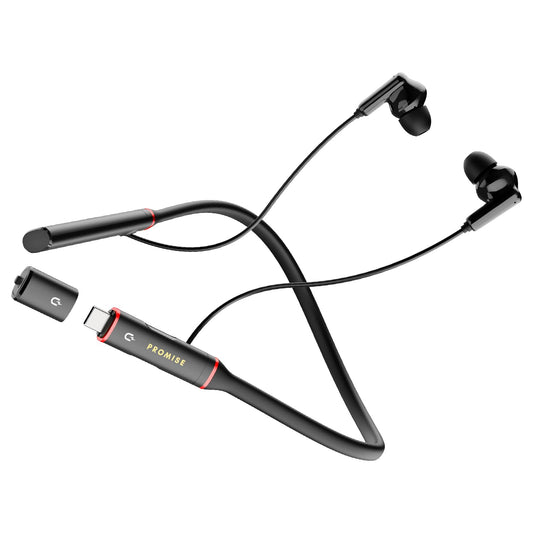 Promise A12 Neckband Bluetooth Earbuds - Wireless Headphones with Built-in Type-C OTG Connector, 60H Playtime, Fast Charging, Noise Cancelling