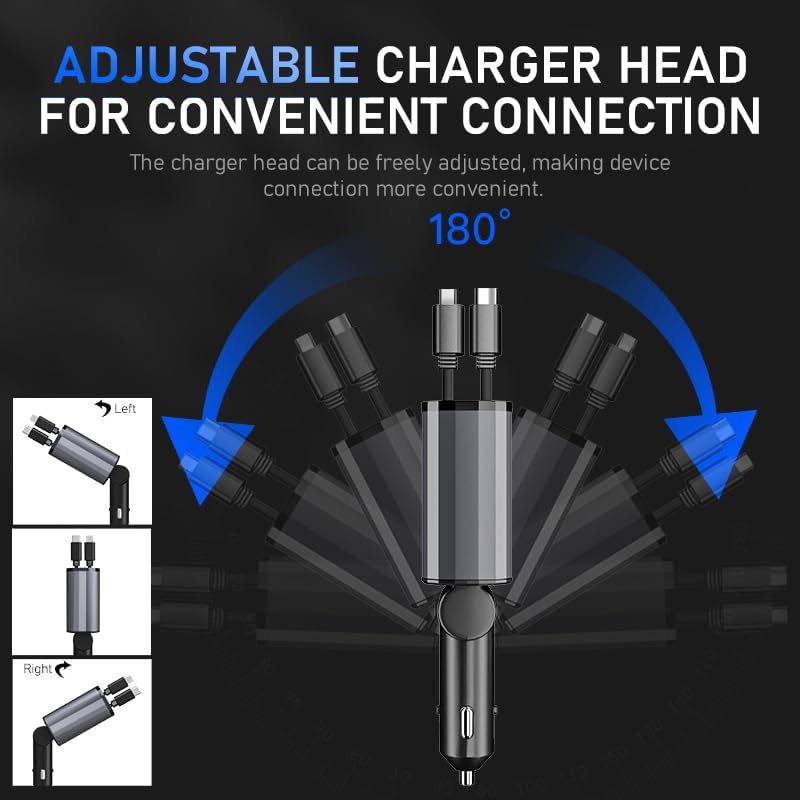 TICCI Retractable Car Charger [60W USB C with Cables] 4-in-1 Retractable Car Charger Fast Charging for iPhone 16, 15, 14, 13, 12 Series, USB-C