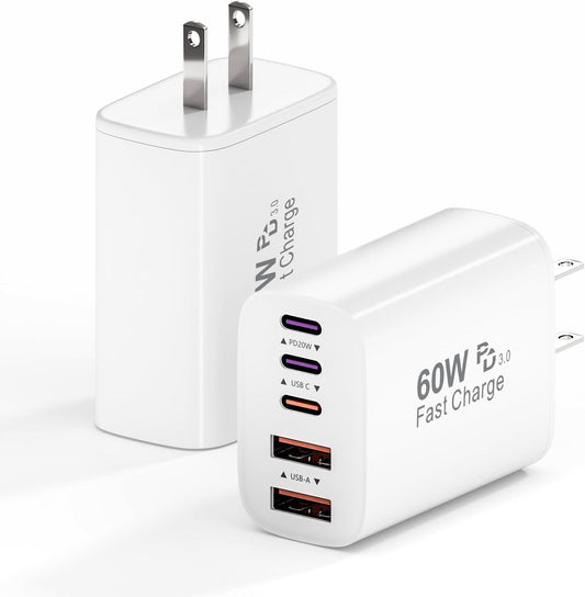 USB C Fast Wall Charger Block, 2Pack 60W USB C Charging Cubes, 5-Port PD+QC Power Adapter Multiport Brick Type C Box Plug for iPhone 17/16/15/14/13
