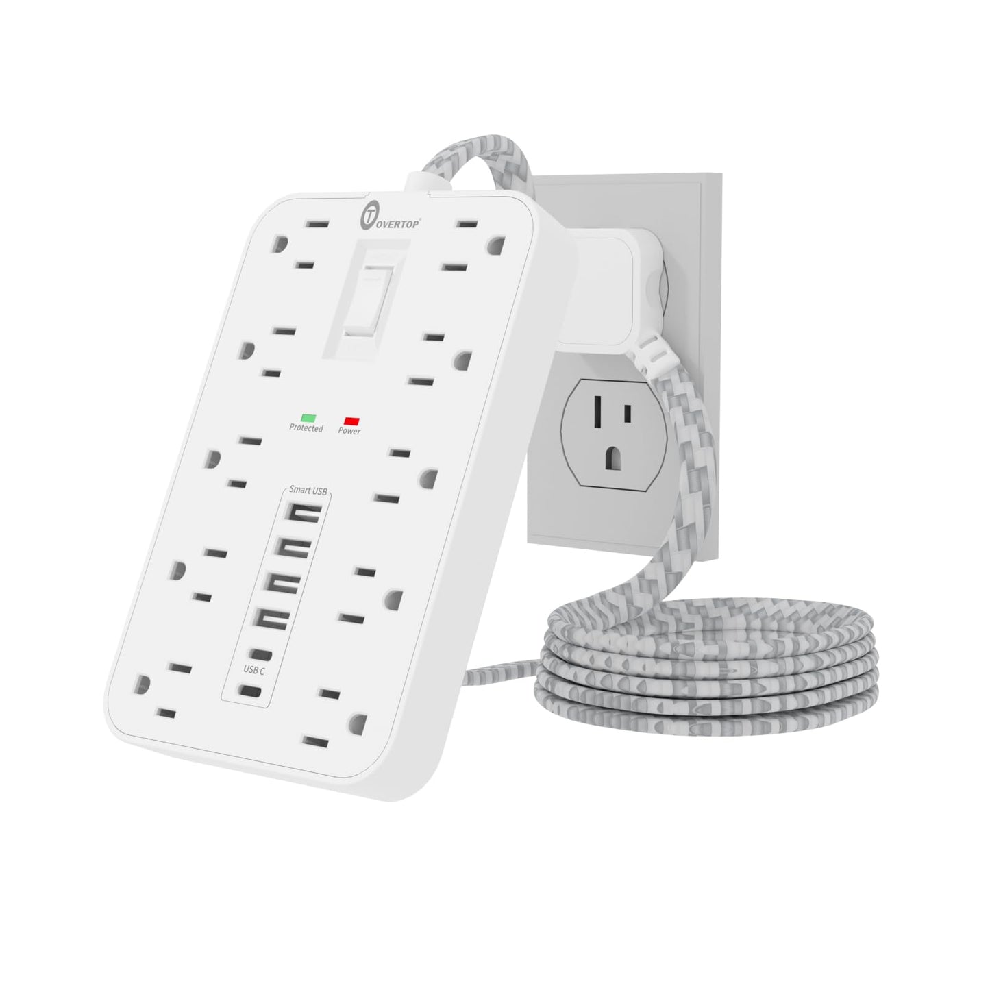 Power Strip Surge Protector, OVERTOP 5 Ft Braided Extension Cord Flat Plug, 10 Widely Spaced Outlets with 6 USB Ports (2 USB C), Wall Mount Desk