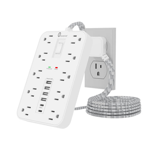 Power Strip Surge Protector, OVERTOP 5 Ft Braided Extension Cord Flat Plug, 10 Widely Spaced Outlets with 6 USB Ports (2 USB C), Wall Mount Desk
