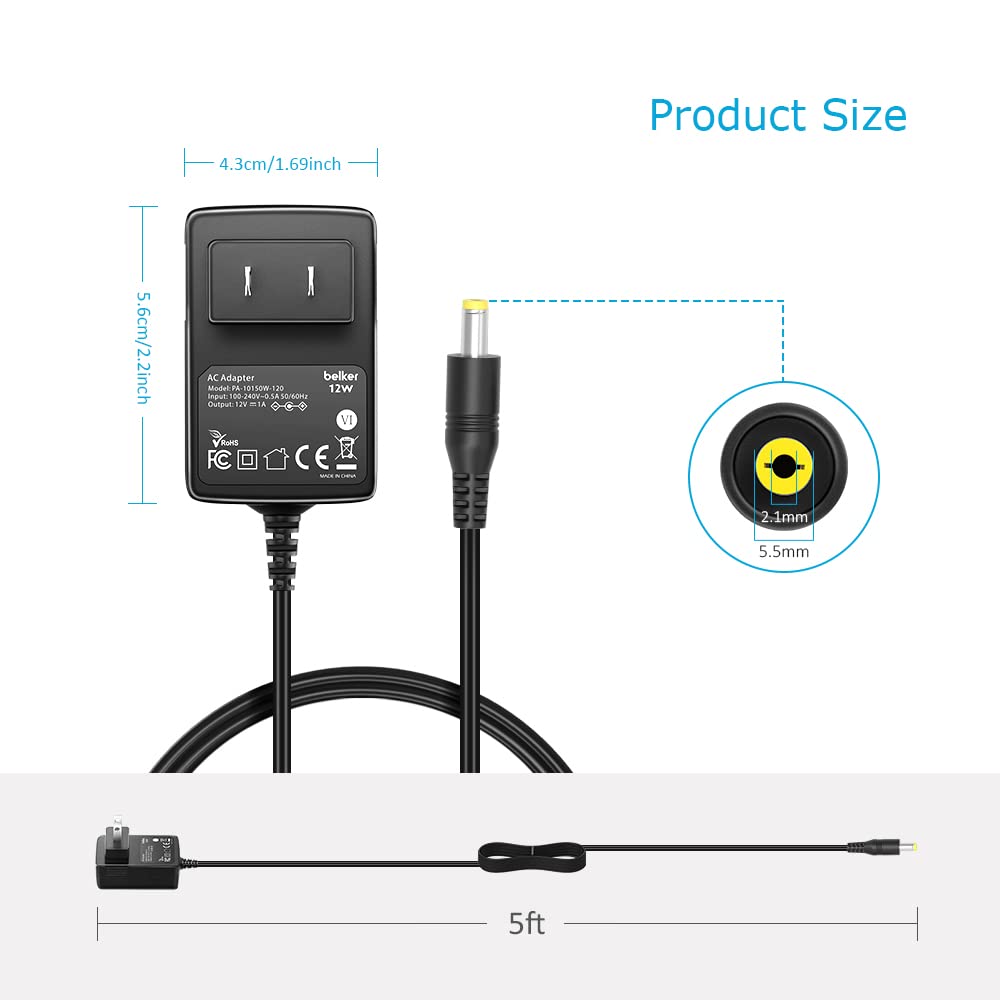 Belker 12V 1A AC DC Adapter Wall Charger Power Adapter Supply for 12 Volt Electronics - 1000mA Max.