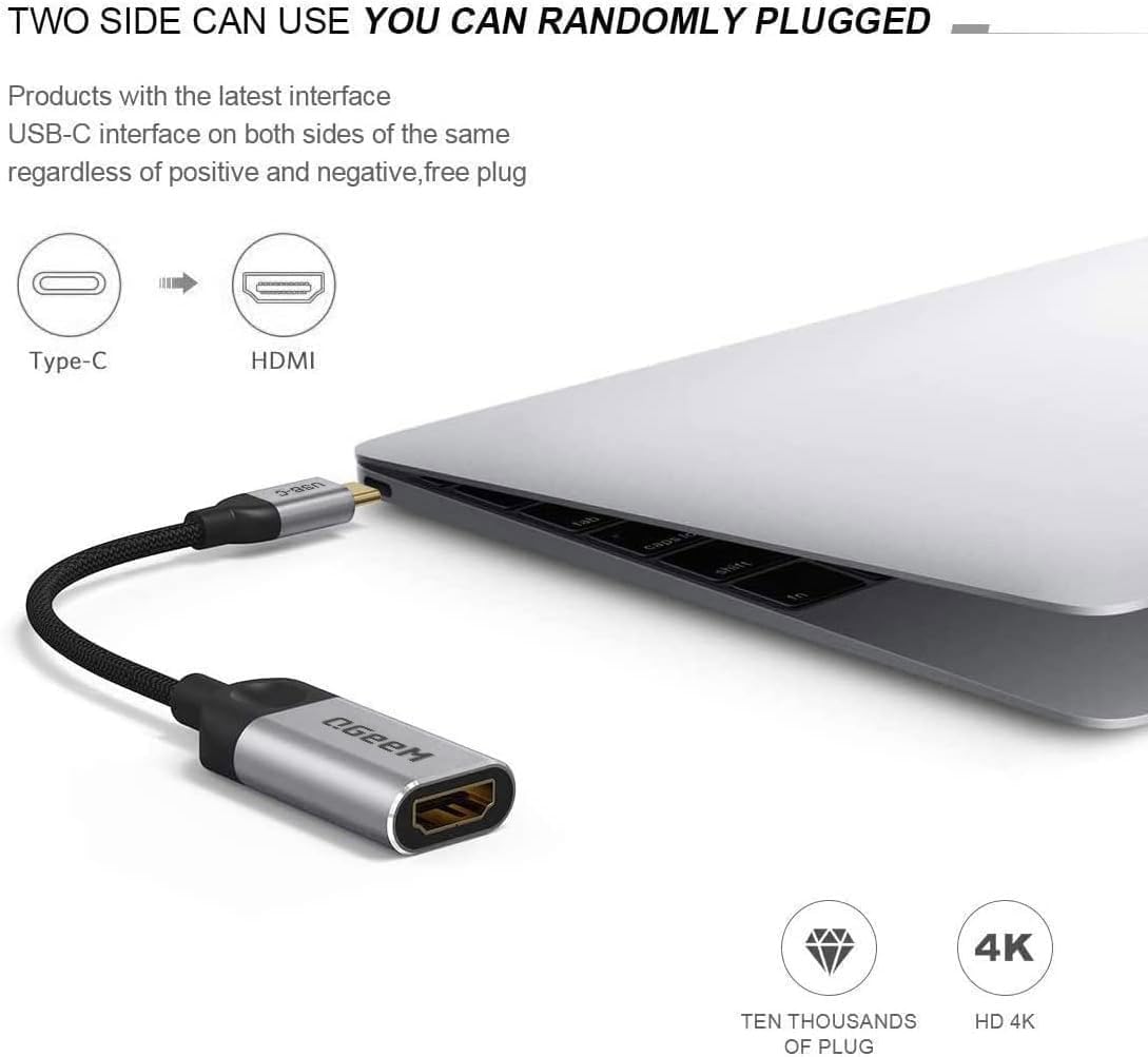 QGeeM USB C to HDMI Adapter 4K Cable, USB Type-C to HDMI Adapter [Thunderbolt 3/4] HDMI for Laptop MacBook Pro/Air, iPhone 15 16 17 Pro max, Dell XPS