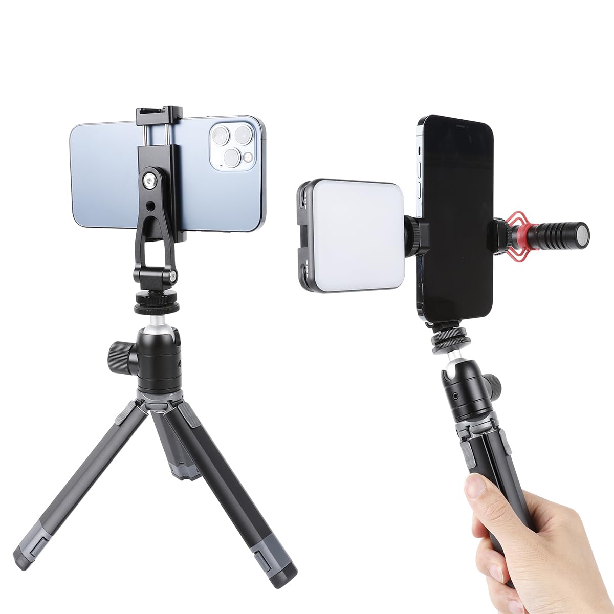 Aluminium Alloy Phone Tripod Mount, Universal Cell Phone Mount Adapter with 2 Cold Shoe Mount for Horizontal and Vertical Shooting, Compatible