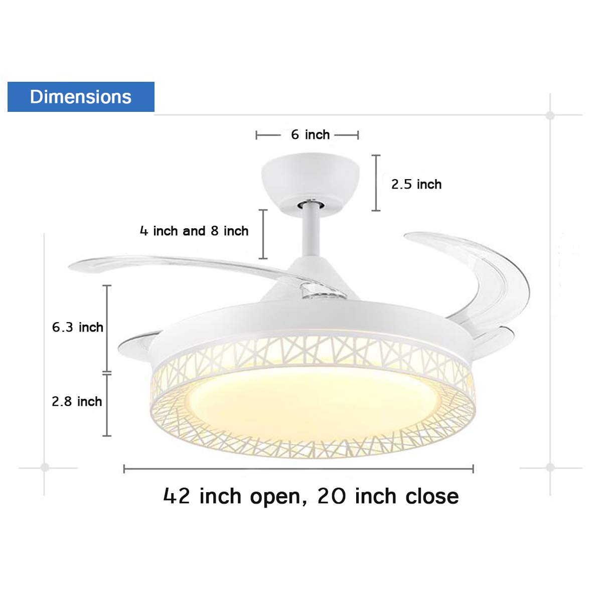 42" Retractable Ceiling Fan with Light, Modern Chandelier Ceiling Fan with Remote, Retractable Blades, 3 Color Light Dimmable Ceiling Fan and Light