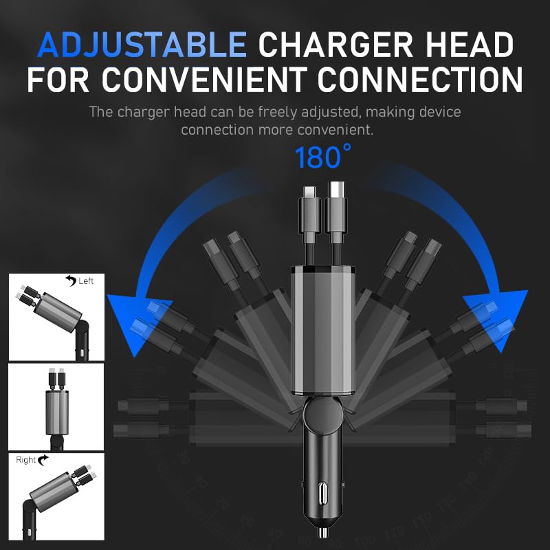 TICCI Retractable Car Charger 66W USB C Retractable with Cables, Car Phone Charger for iPhone 16/15/14 Android, Galaxy, Pixel, Car Accessories Fast