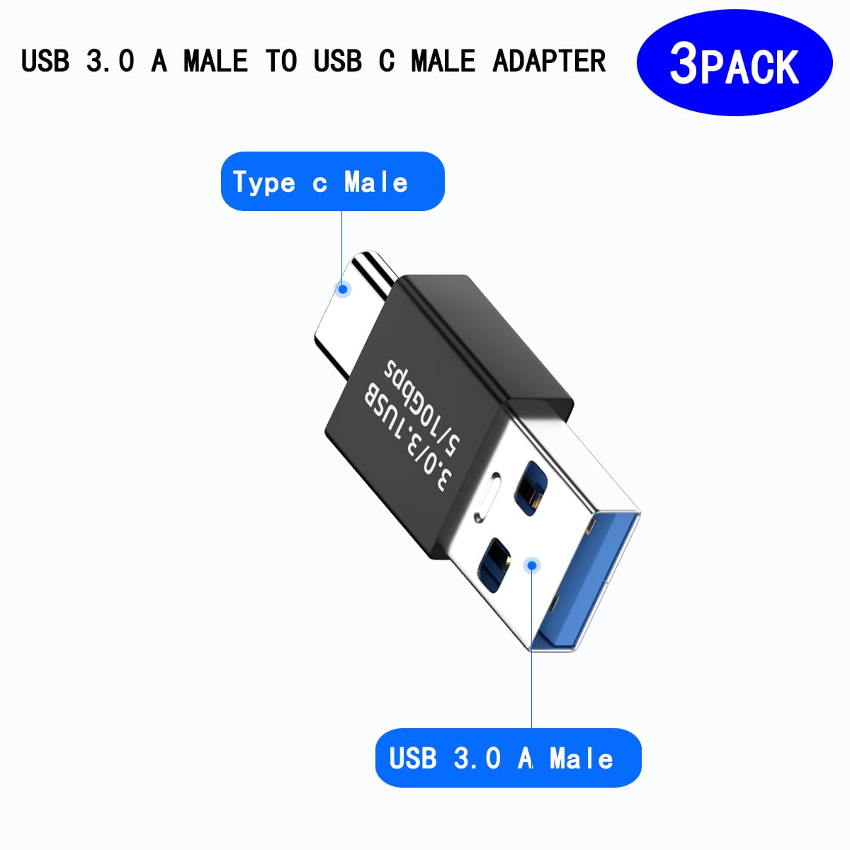 rgzhihuifz USB 3.1 Male to USB C Male Adapter USB A to USB C Connector 10Gbps, Compatible with Mobile Phones, Computers, Notebook Computers, Black【3…
