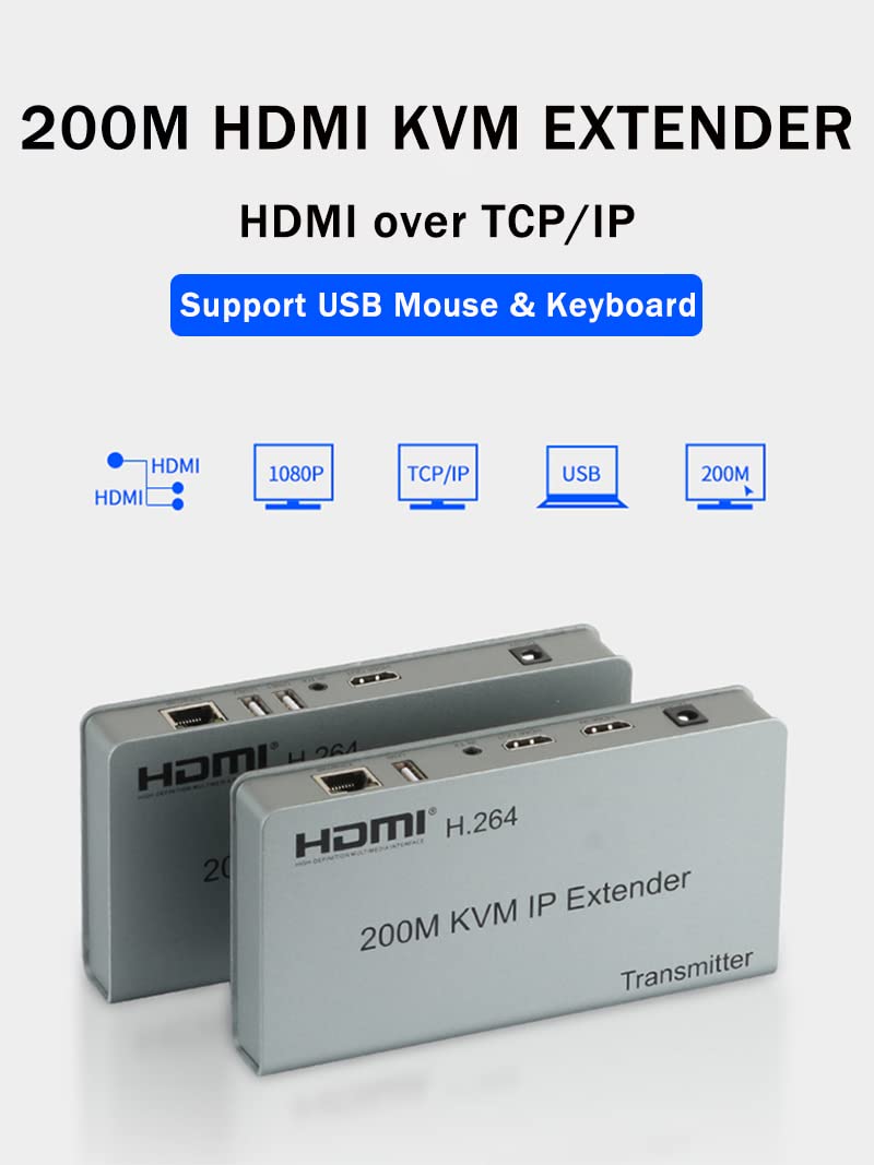 Optimal Shop 656ft/200m HDMI USB Extender RJ45 IP Network KVM Over IP Extender Over Cat5e Cat6 HDMI KVM Extender with Wide IR by TCP/IPm for PC HDTV