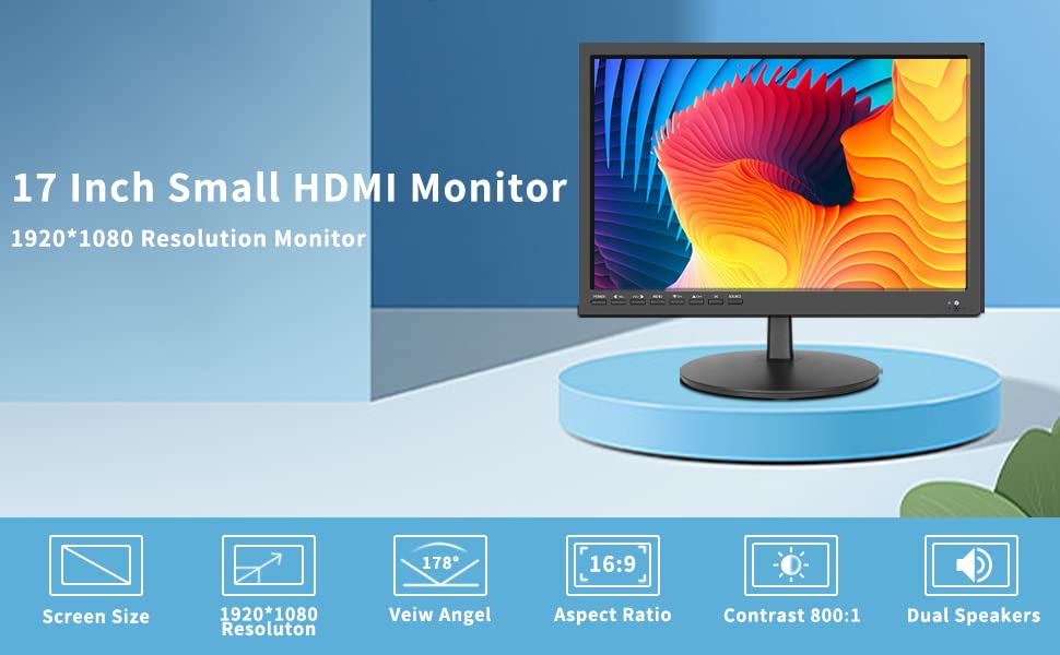 ZOSHING 17inch Security Monitor,Wall-Mounted Monitors Supports USB/Full Format Video Playback,CCTV Monitors with AV/HDMI Input/VGA/Headphone