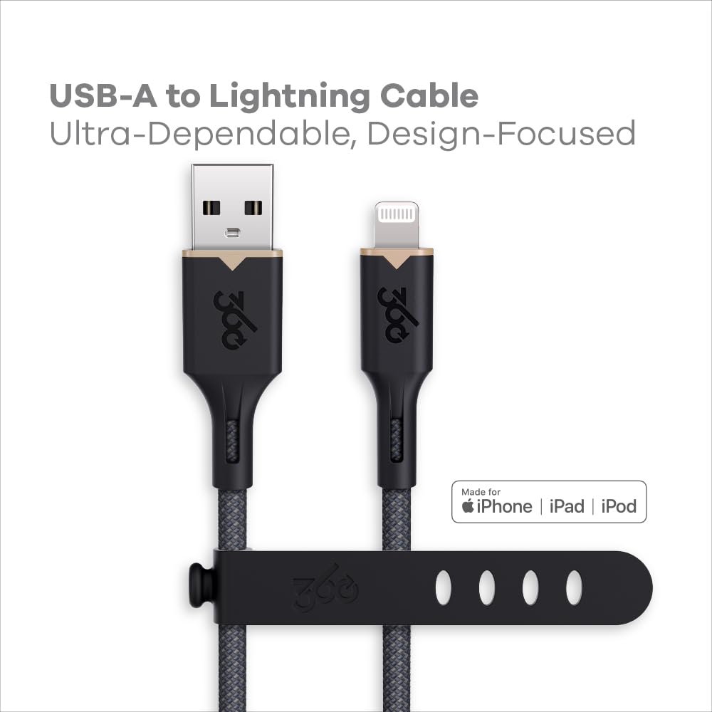 360 Electrical Fluid USB-A to Lightning Charger Cable, Mfi Certified Charger for Apple iPhone 14 13 12 11 X, iPad, 5 Foot, Granite