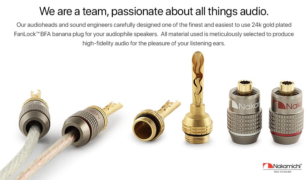 Nakamichi FanLock Excel Series 24k Gold Plated BFA Banana Plug 10 AWG - 18 AWG Gauge Size 4mm for Speakers Amplifier Hi-Fi Stereo Home Theatre Radio