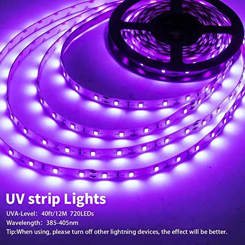 TigQiang Black Light Strip, 40ft/12M Flexible LED Black Light with kit, 720 lamp Beads, 12V LED Light, Non-Waterproof for Indoor Fluorescent Dance