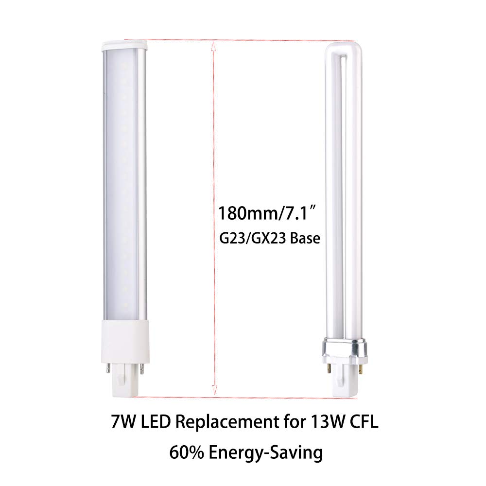 E-Simpo 2pcs G23 7W 7.1" LED Bulb PLS-13W Replacement G23d 2P Cold White 6000K LED PL Retrofit Horizontal Recessed Down Light Plug Play