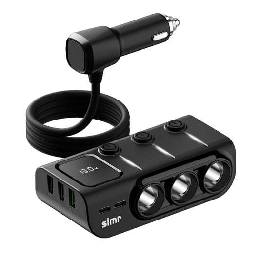 3 Socket Cigarette Lighter Splitter 3 USB+2 Type C Port Quick Car Charger Adapter with LED Voltage Display and on/Off Switch for iPhone Samsung