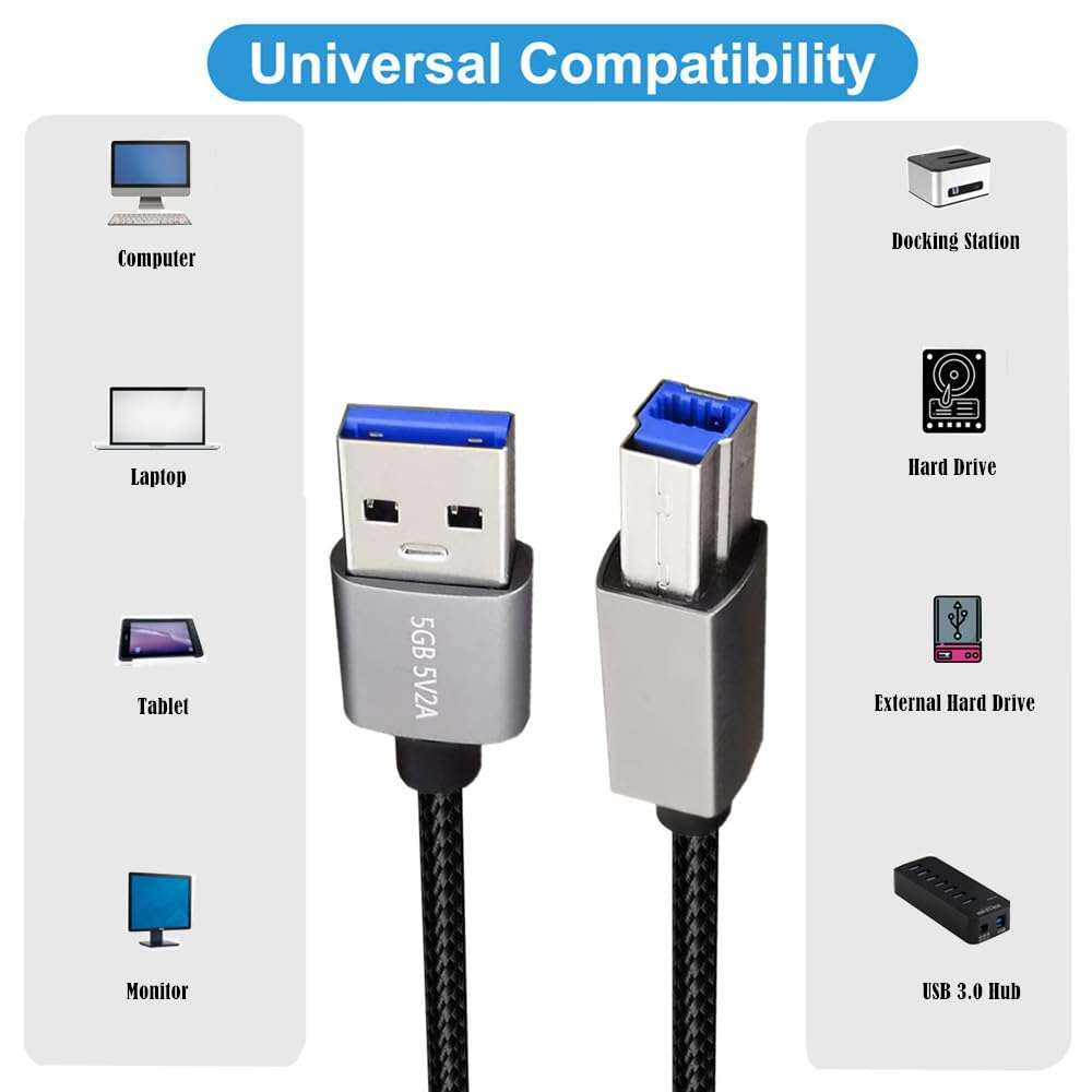 Traovien USB A to B 3.0 Cable Durable Nylon Braided Type A to B Male SuperSpeed USB Adapter Compatible Printers Scanner Monitor External Hard and More