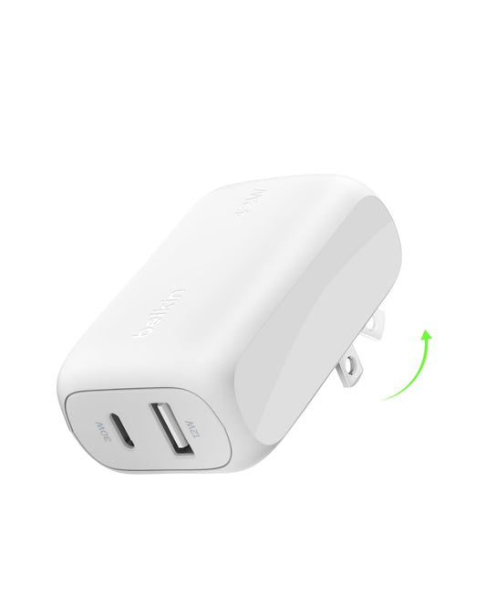 Belkin 42W Dual Port Charger Block, USB-C + USB-A Charger Super Fast Charging - Samsung Galaxy S25, Apple iPhone 17, Air, Pro, Pro Max, iPad, AirPods