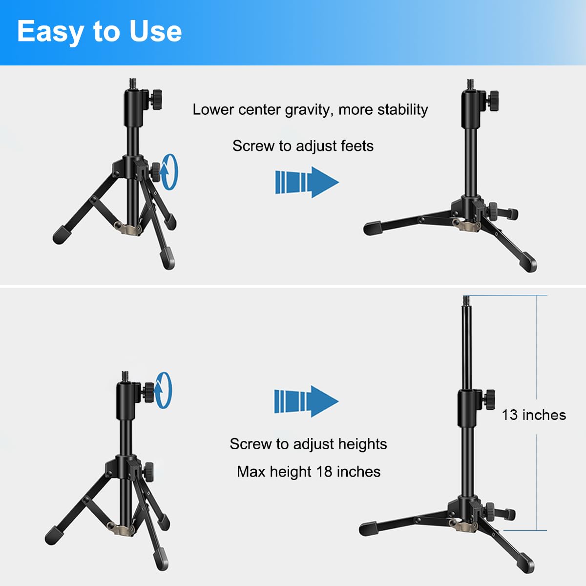 Mic Stand Desk, Table Mic Tripod Desktop Mic Stand Height Adjustable Small Microphone Stand for Desk with Pop Filter Shock Mount Mic Clip 1/4" to 5/8"