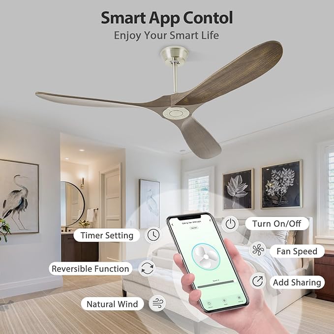 Chriari 70'' Ceiling Fan with Remote/App/Voice Control, Wood with 3 Walnut Blades, Smart Timing, Outdoor Farmhouse Compatible with Alexa/Google