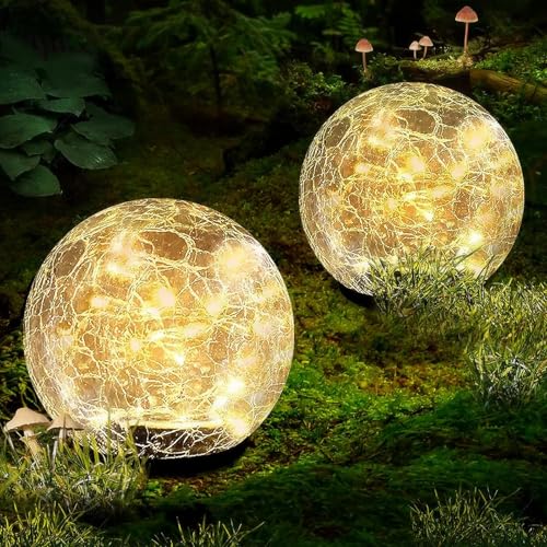 Coroor Garden Solar Ball Lights Outdoor Waterproof, 50 LED Cracked Glass Globe Solar Power Ground Lights for Path Yard Patio Lawn, Christmas