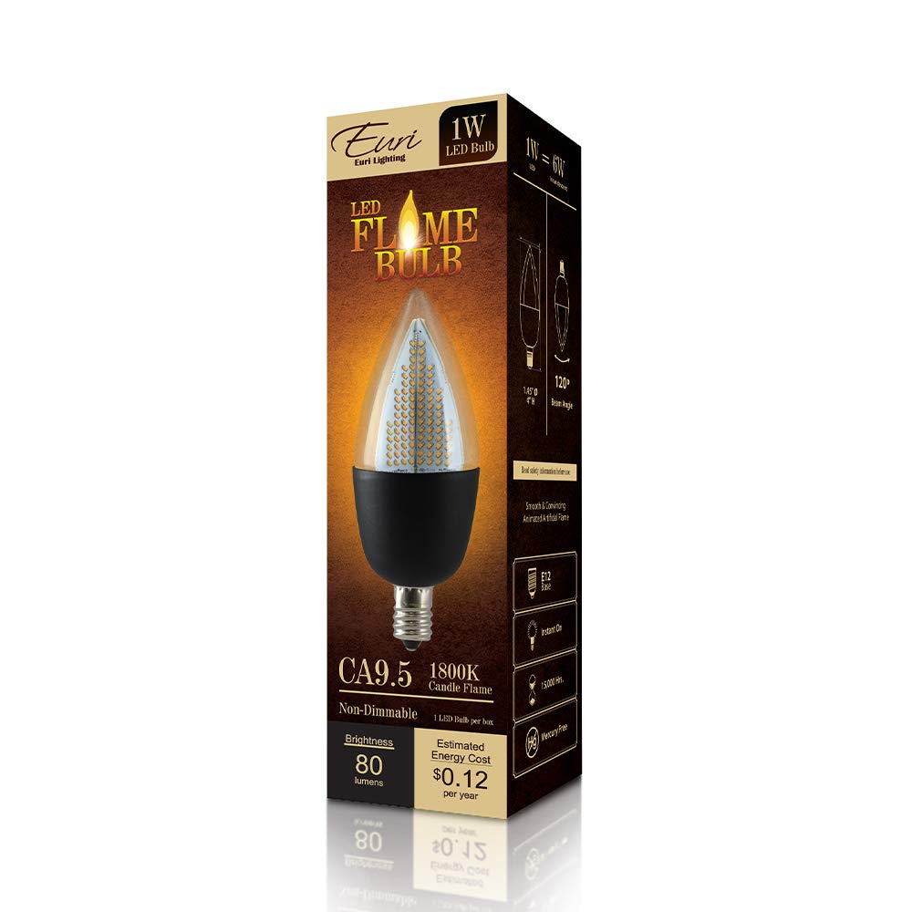 Euri Lighting Flickering Flame Bulb, ECA9.5-2120fcb, Decorative CA9.5 Candelabra E12 Base, Warm White 1800K, Non-Dim, 1W (6W Equivalent), 80lm, Black