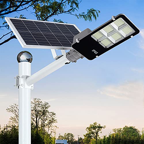 DENGMALL 6000W LED Solar Street Lights Outdoor, Dusk to Dawn Security Flood Light with Remote Control & Pole, Wireless, Waterproof, Perfect for Yard