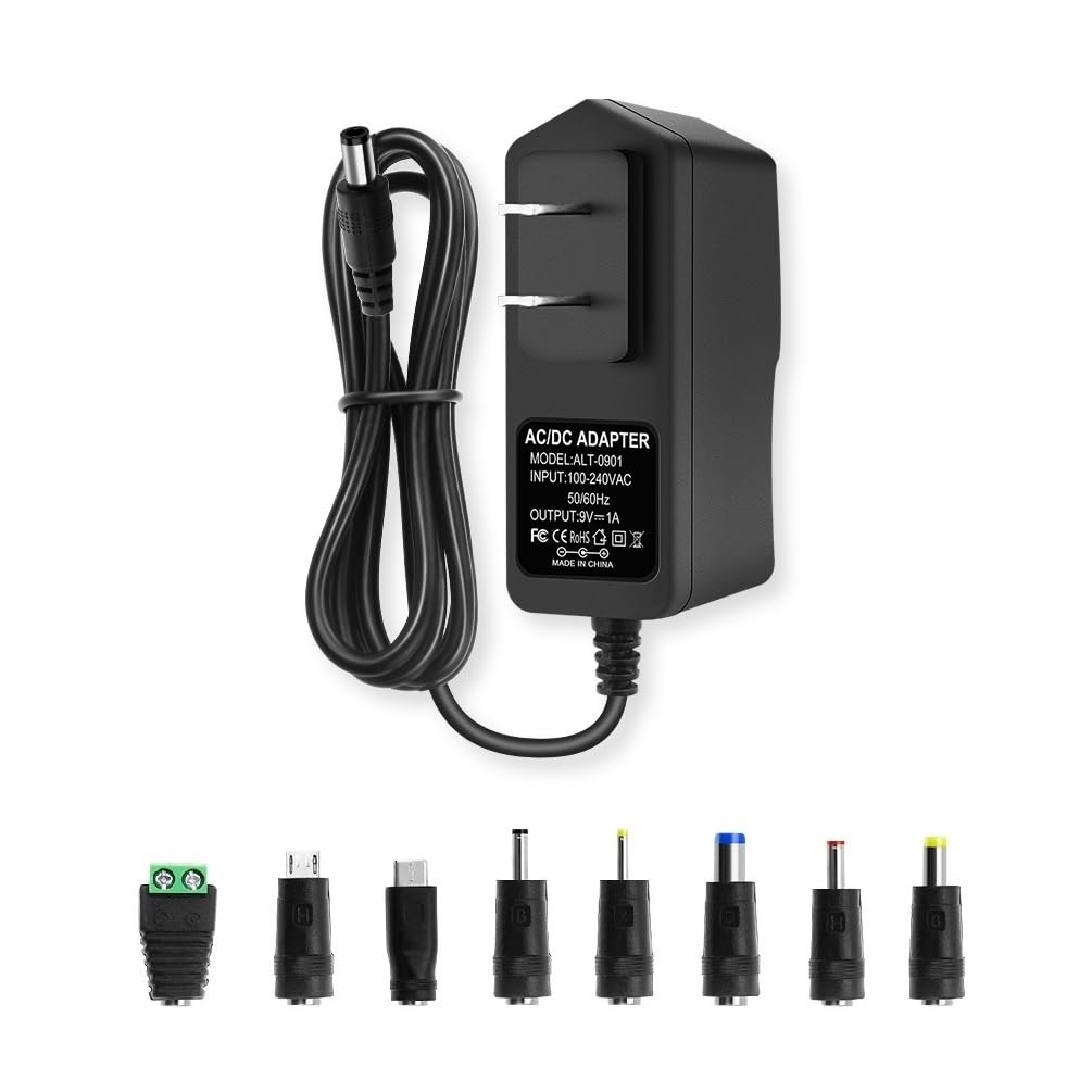 9V DC Power Supply 1A AC Adapter, DC 9V Power Cord, 100-240V 50/60Hz 9 Volts 1Amp Transformer, 5.5mm x 2.5mm Plug & 8 Tips
