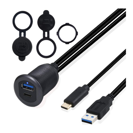 Kework 3.3ft USB 3.0 USB 3.1 Flush Mount Cable, 5Gbps USB 3.0 & 10Gbps USB Type C Male to Female Extender Dashboard Panel Mount Extension Cord for Car