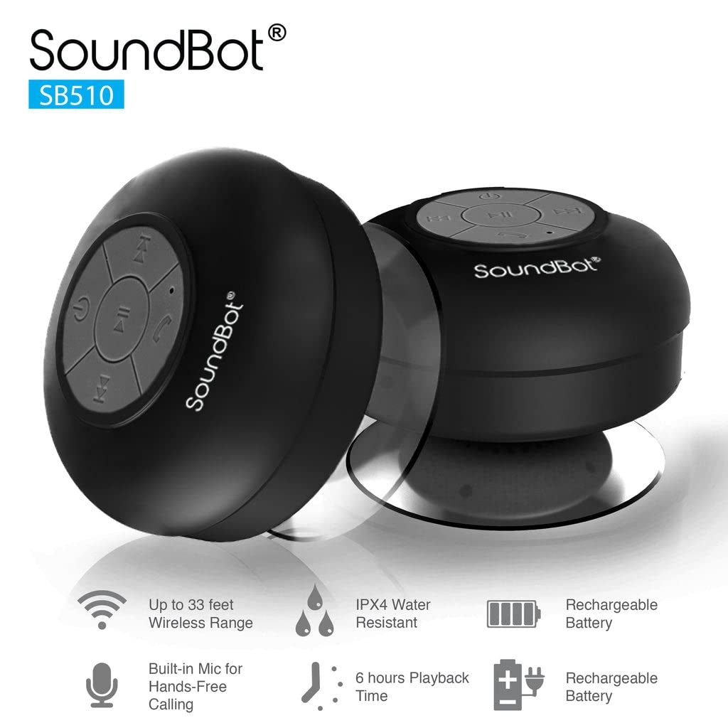 Soundbot® Waterproof Shower Speaker HD Water Resistant Bluetooth Handsfree Portable with Loud Clear Sounds 6+hrs of Playtime, Wireless Suction Cup