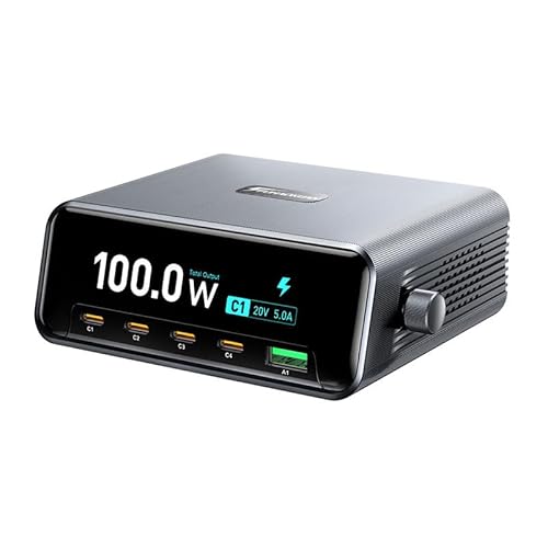 100W 5-Port GaN USB C Charging Station with LCD Smart Display & Control Knob, Desktop Fast Charger for Multiple Devices, Compatible with MacBook