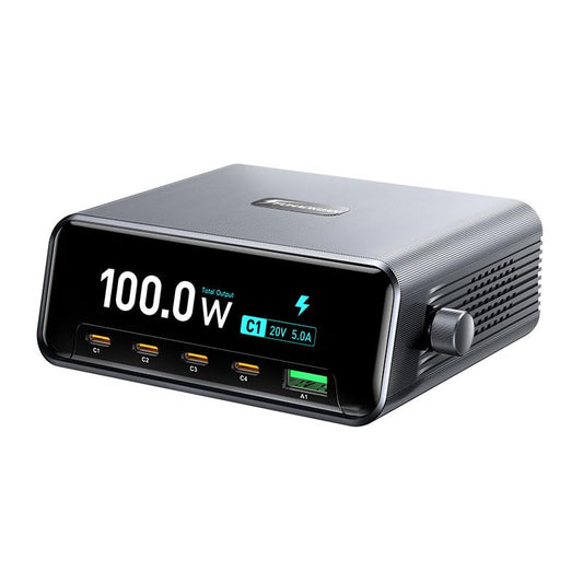 100W 5-Port GaN USB C Charging Station with LCD Smart Display & Control Knob, Desktop Fast Charger for Multiple Devices, Compatible with MacBook
