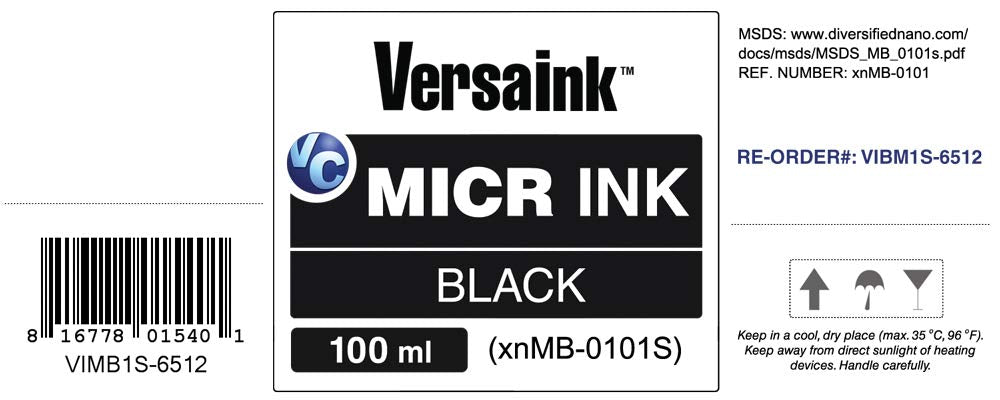 VersaInk-Nano Black MICR Ink -100ml - Magnetic Ink for Check Printers and All-in-One Inkjets, MICR Black (VIMB1S-6512)