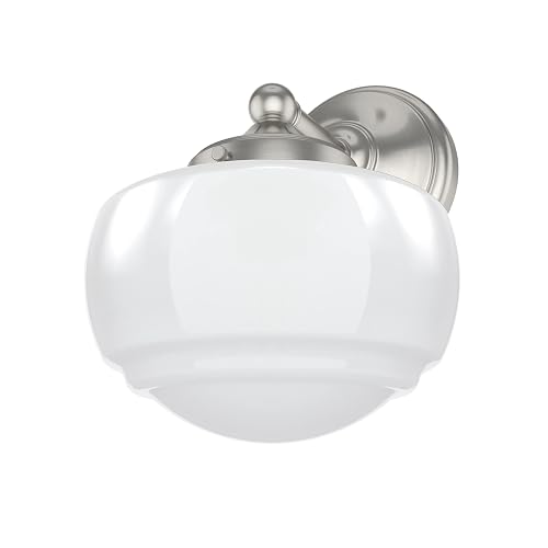 Hunter - Saddle Creek 1-Light Brushed Nickel, Medium Size Sconce Light, Dimmable, Schoolhouse Style, for Bedrooms, Kitchens, Foyers, Bathrooms - 19139