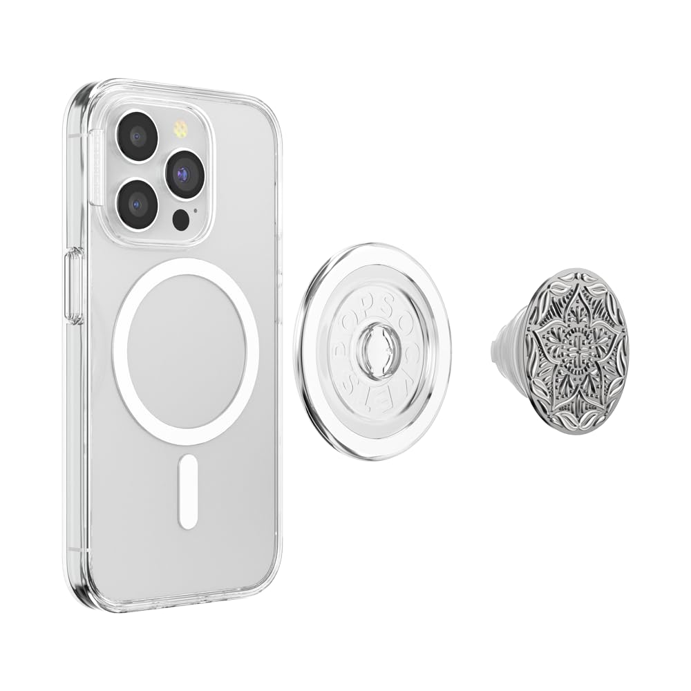 PopSockets Phone Grip for MagSafe, Magnetic Holder, Phone Stand, Enamel - Mandala Silver